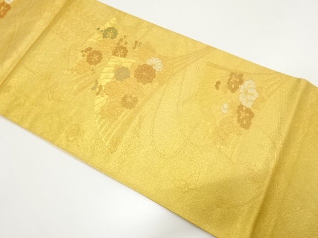 JAPANESE KIMONO / ANTIQUE GOLD-COLORED CYPRESS FAN / WOVEN FLORAL / BI